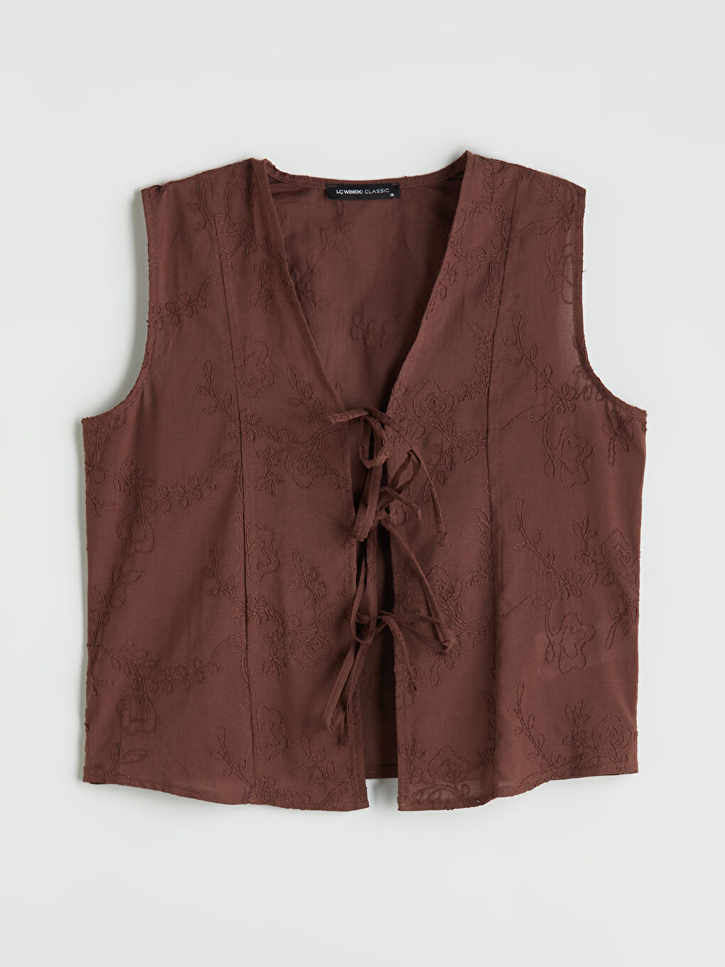 Kahverengi V Yaka Nakışlı Fiyonklu Bluz-4