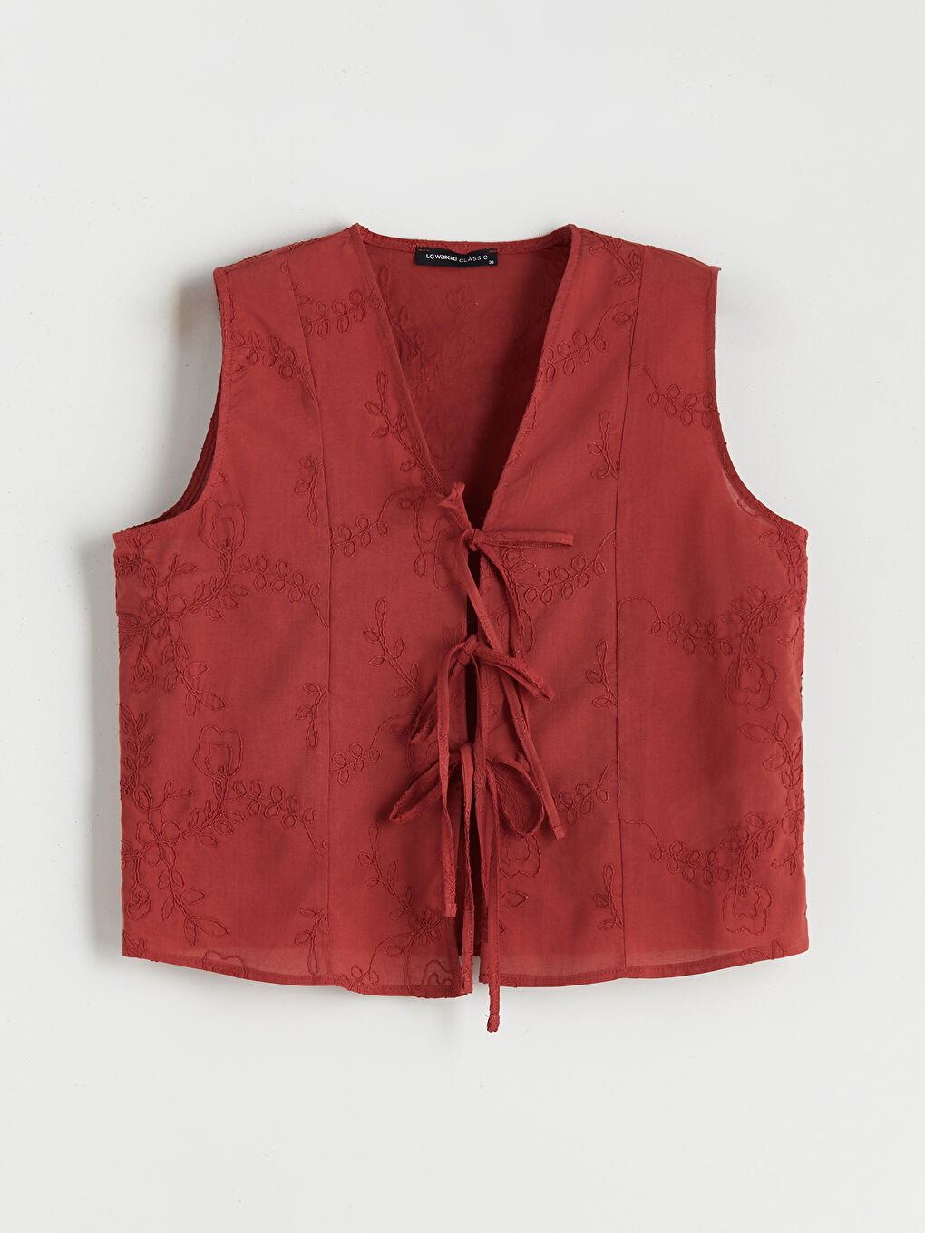 Mercan V Yaka Nakışlı Fiyonklu Bluz-4