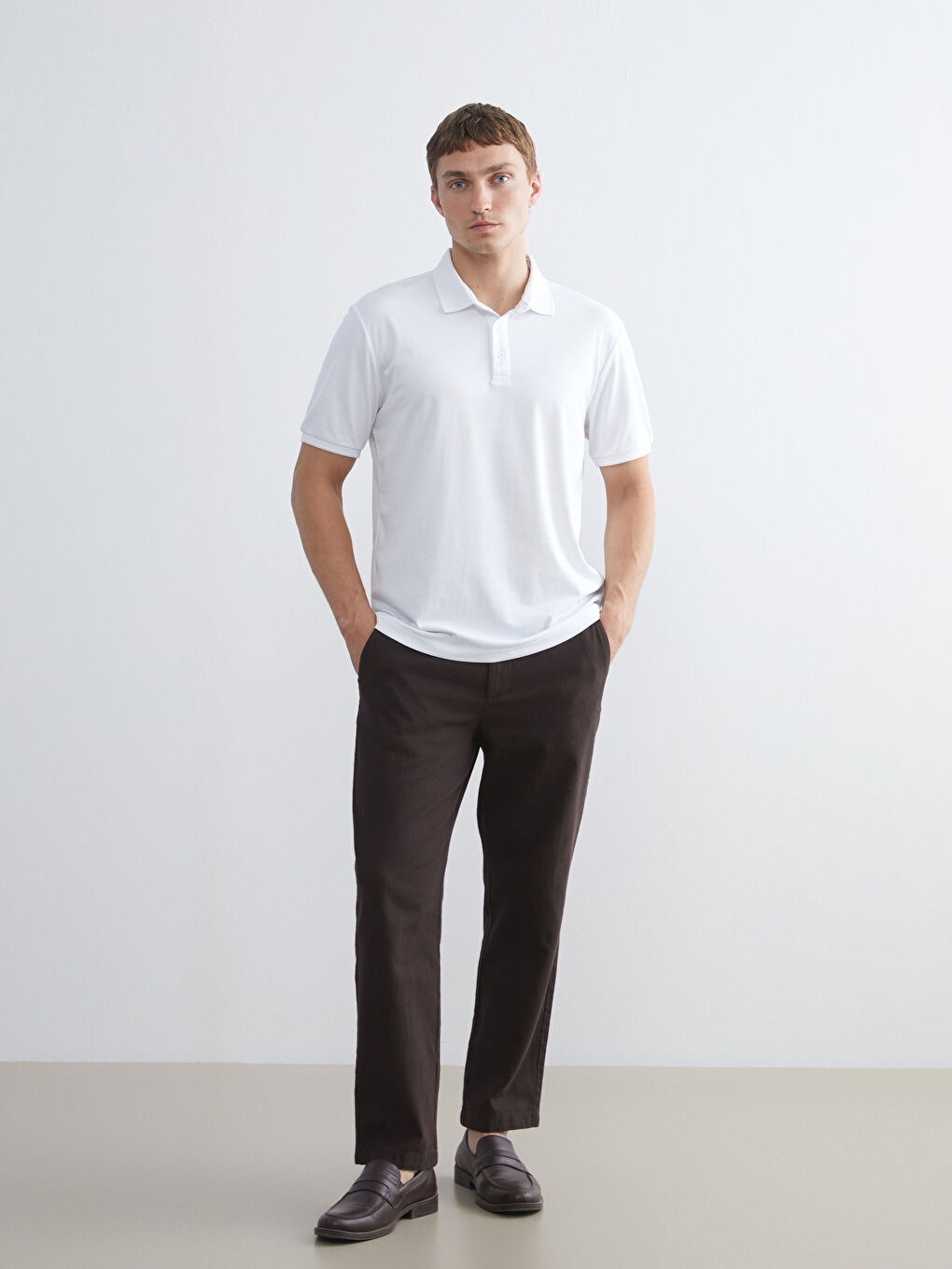 Kahverengi Standart Kalıp Keten Görünümlü Erkek Pantolon