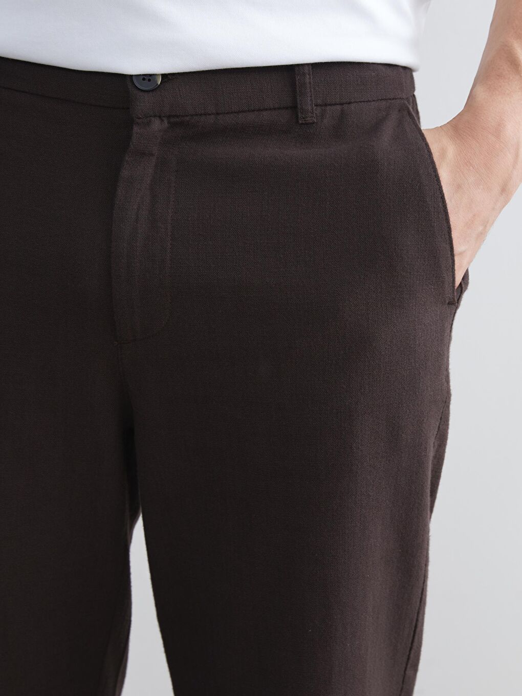 Kahverengi Standart Kalıp Keten Görünümlü Erkek Pantolon-2