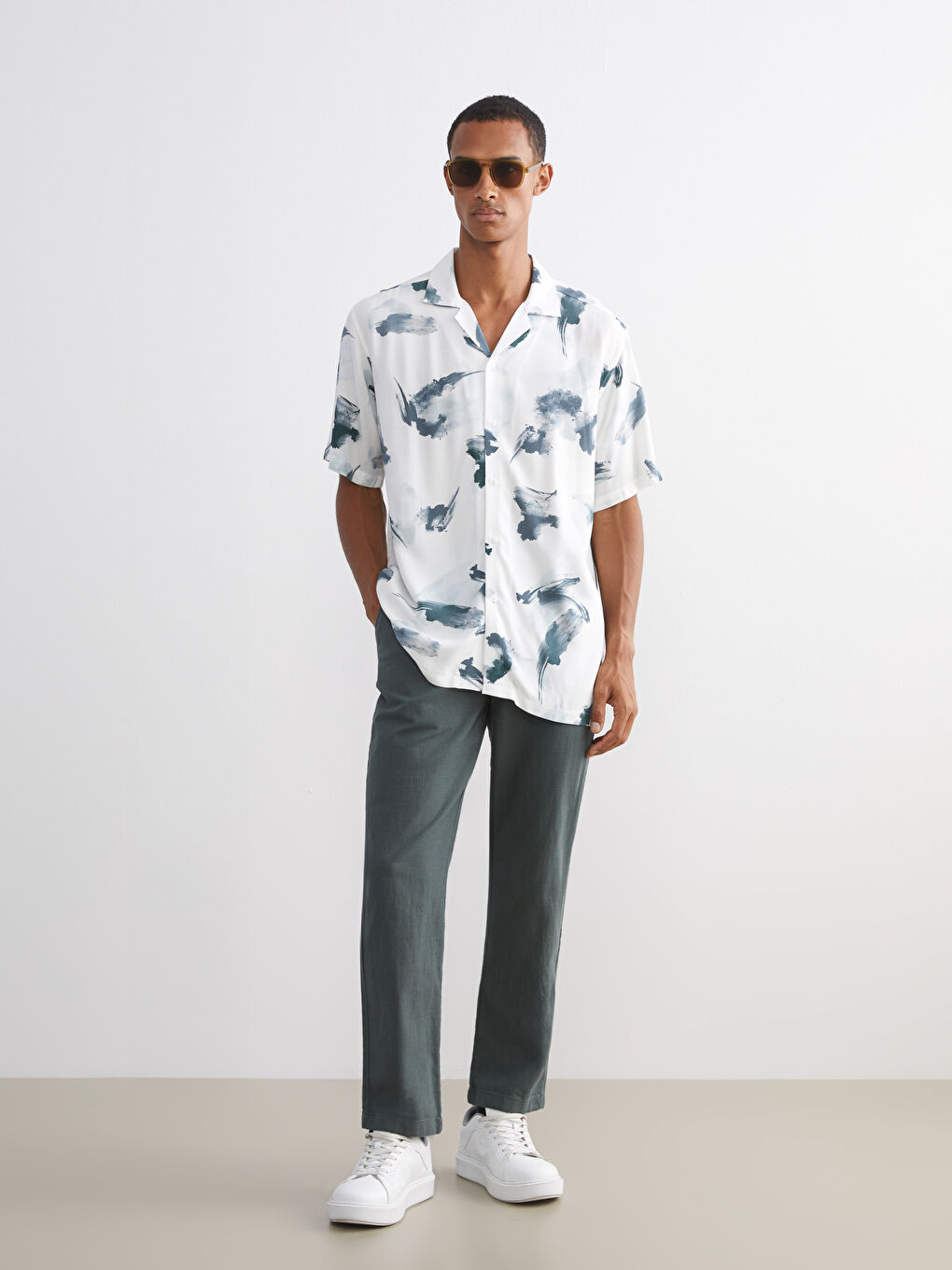 Petrol Standart Kalıp Keten Görünümlü Erkek Pantolon