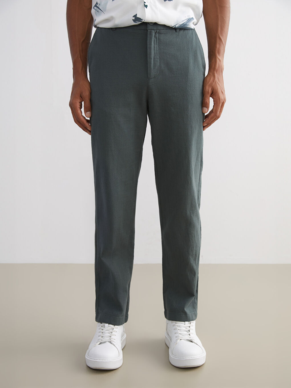 Petrol Standart Kalıp Keten Görünümlü Erkek Pantolon-1