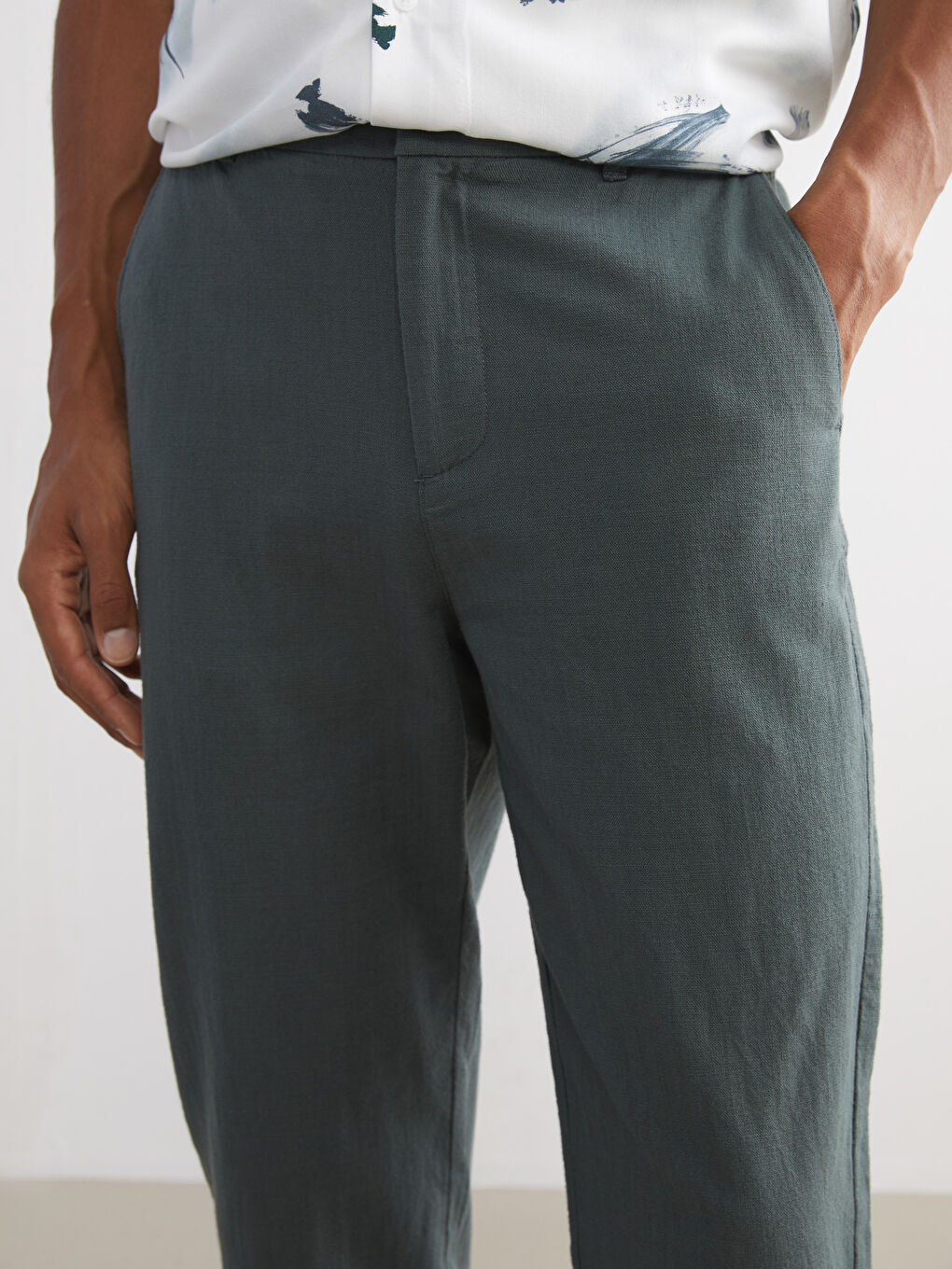 Petrol Standart Kalıp Keten Görünümlü Erkek Pantolon-2