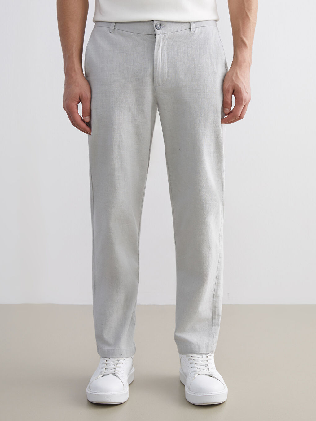 Bej Standart Kalıp Keten Görünümlü Erkek Pantolon-1