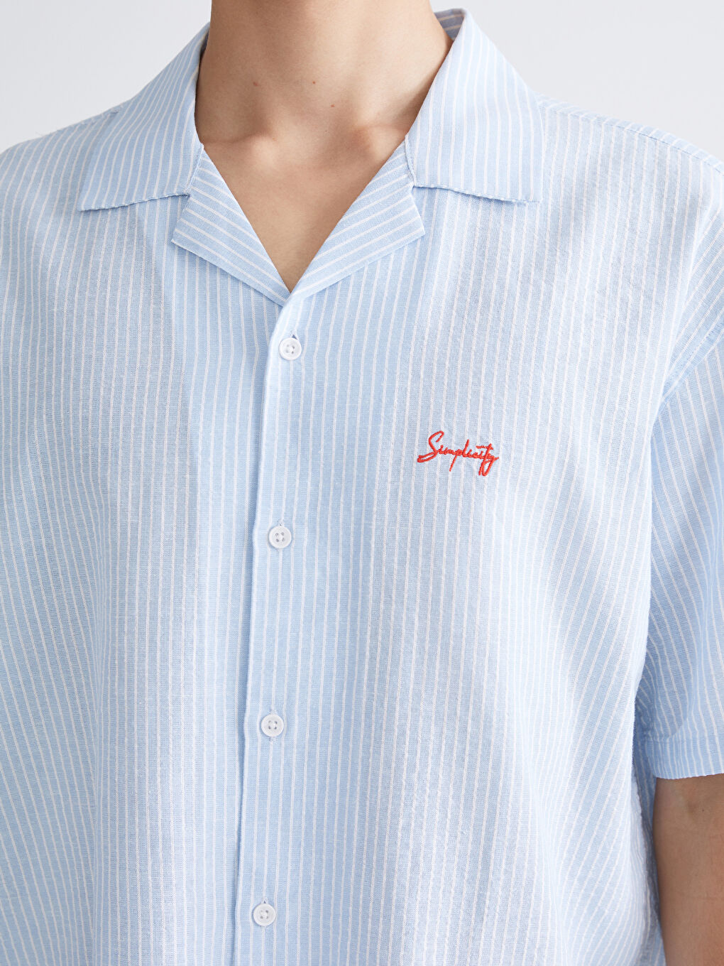 Mavi Rahat Kalıp Resort Yaka Kısa Kollu Çizgili Keten Karışımlı Erkek Gömlek-2