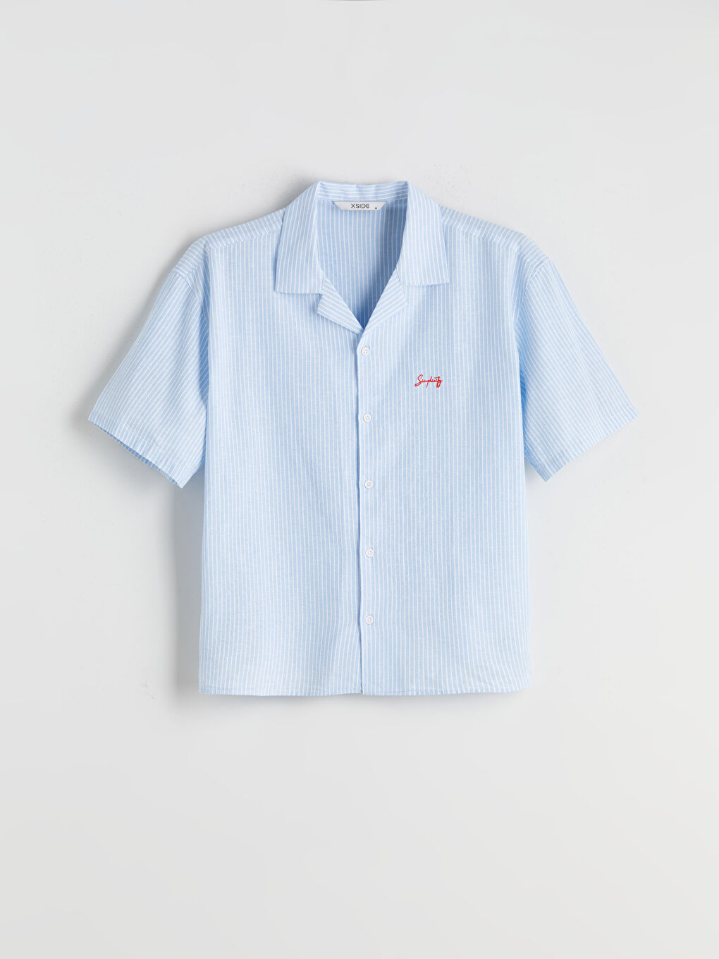 Mavi Rahat Kalıp Resort Yaka Kısa Kollu Çizgili Keten Karışımlı Erkek Gömlek-4