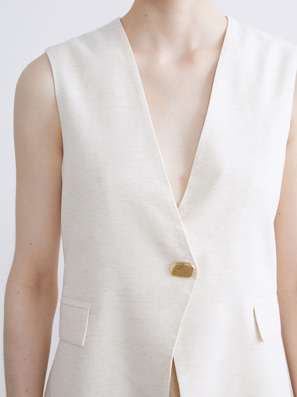 Bej V Yaka Keten Karışımlı Kadın Klasik Yelek-2