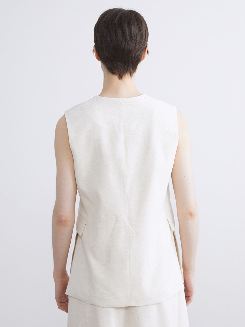 Bej V Yaka Keten Karışımlı Kadın Klasik Yelek-3