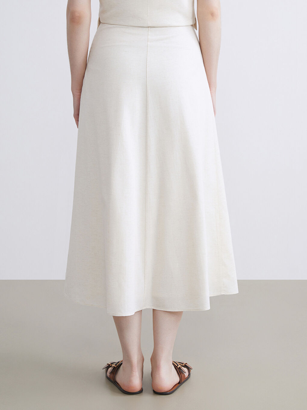 Bej Beli Kemerli A Kesim Keten Karışımlı Etek-2