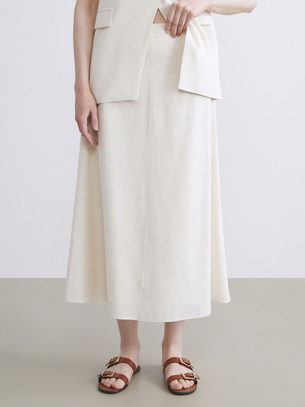 Bej Beli Kemerli A Kesim Keten Karışımlı Etek-1