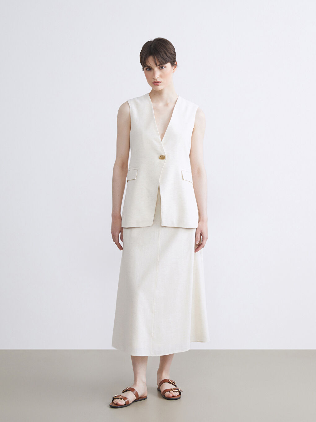 Bej Beli Kemerli A Kesim Keten Karışımlı Etek