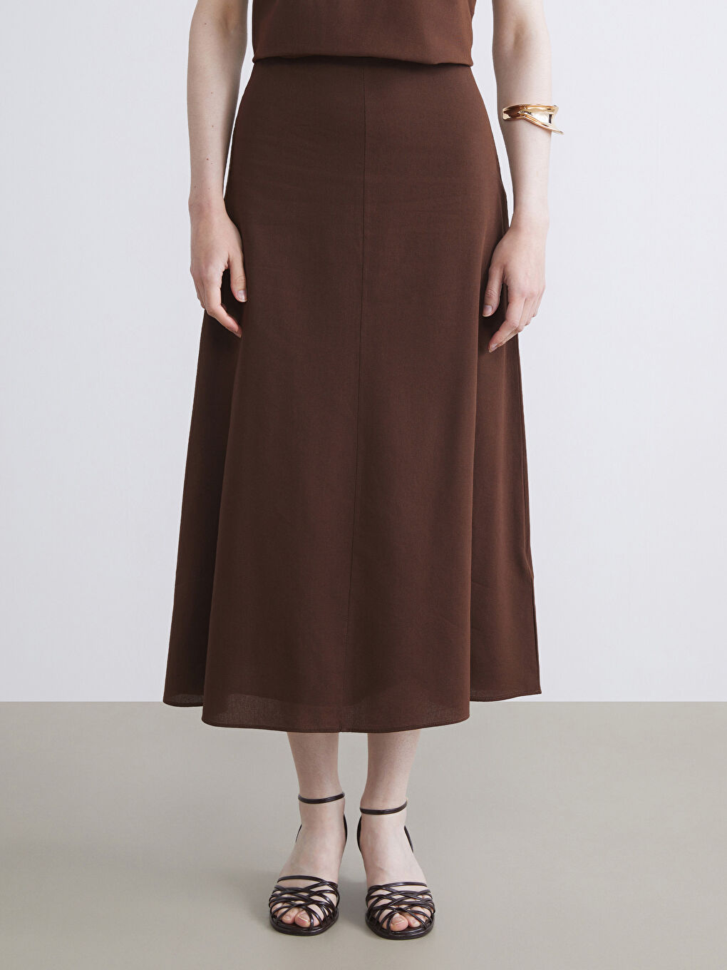 Kahverengi Beli Kemerli A Kesim Keten Karışımlı Etek-1