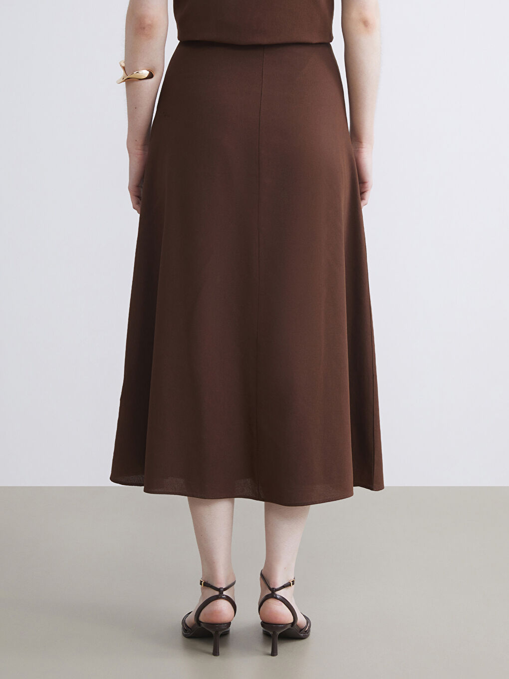 Kahverengi Beli Kemerli A Kesim Keten Karışımlı Etek-3