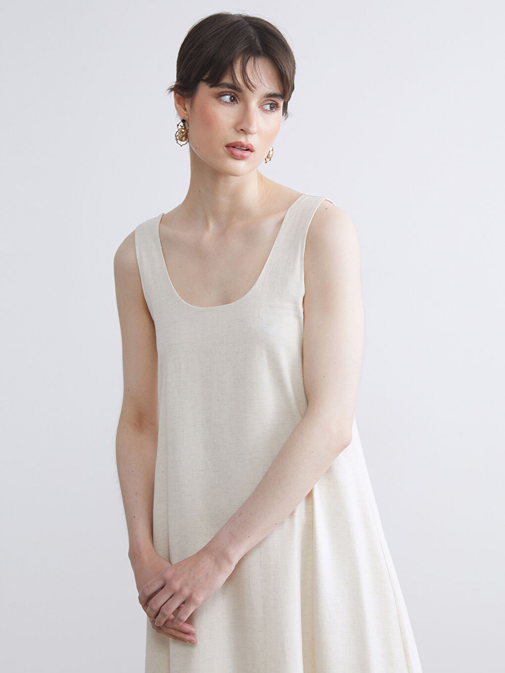 Bej U Yaka A Kesim Keten Karışımlı Elbise-1