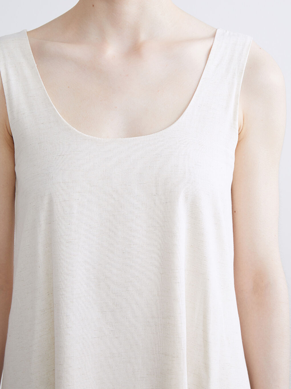 Bej U Yaka A Kesim Keten Karışımlı Elbise-2