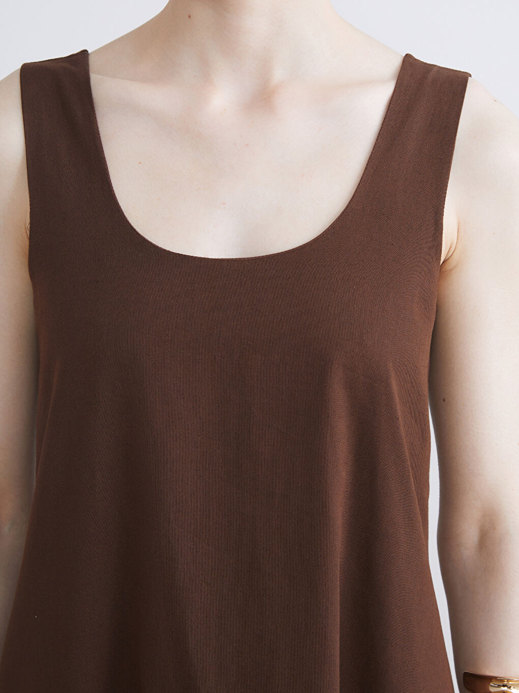 Kahverengi U Yaka A Kesim Keten Karışımlı Elbise-2