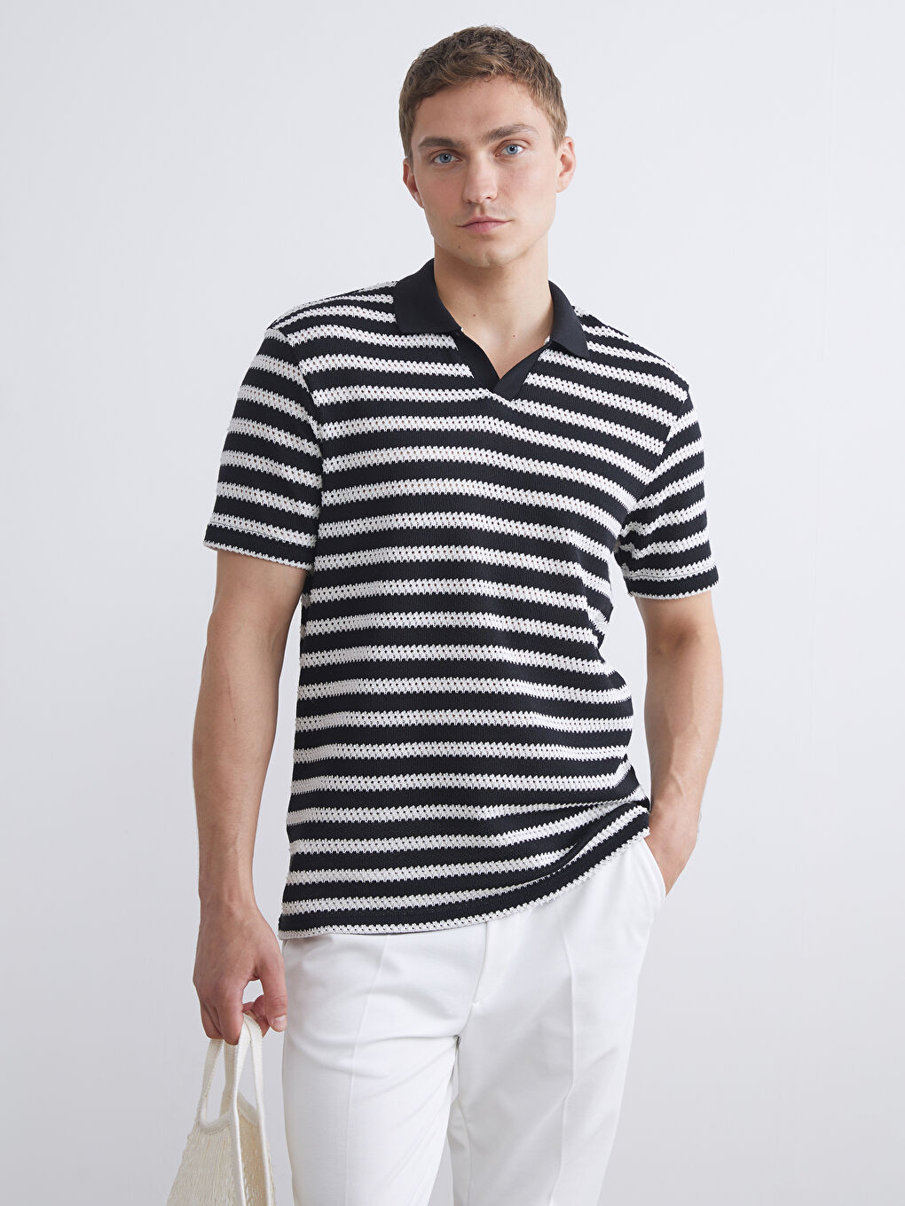 Siyah Polo Yaka Çizgili Penye Erkek Tişört