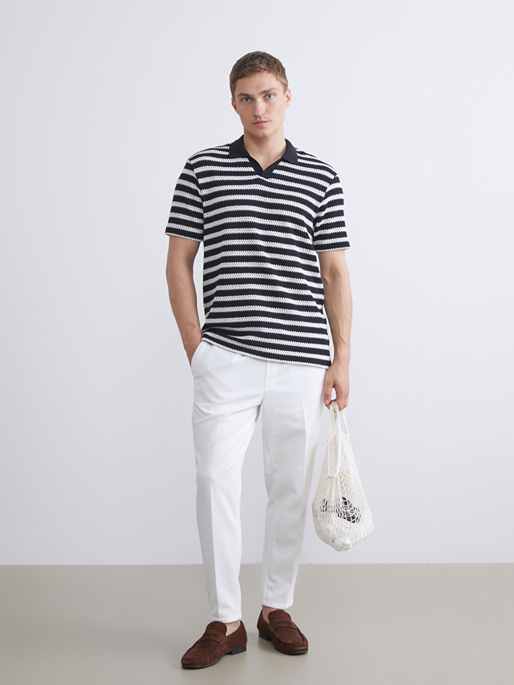 Siyah Polo Yaka Çizgili Penye Erkek Tişört-1