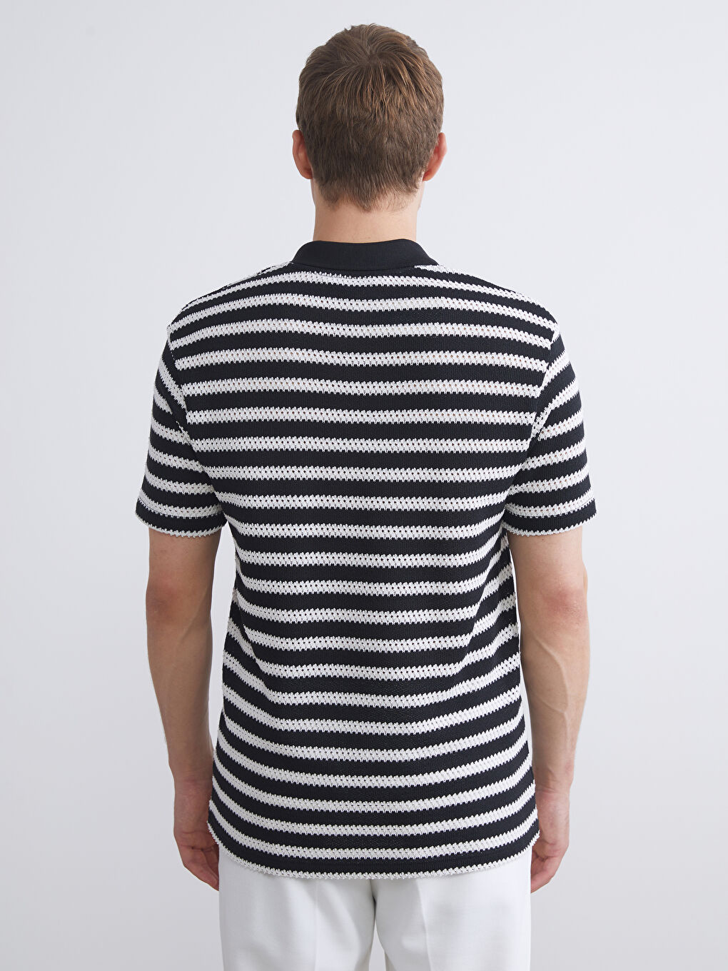 Siyah Polo Yaka Çizgili Penye Erkek Tişört-3