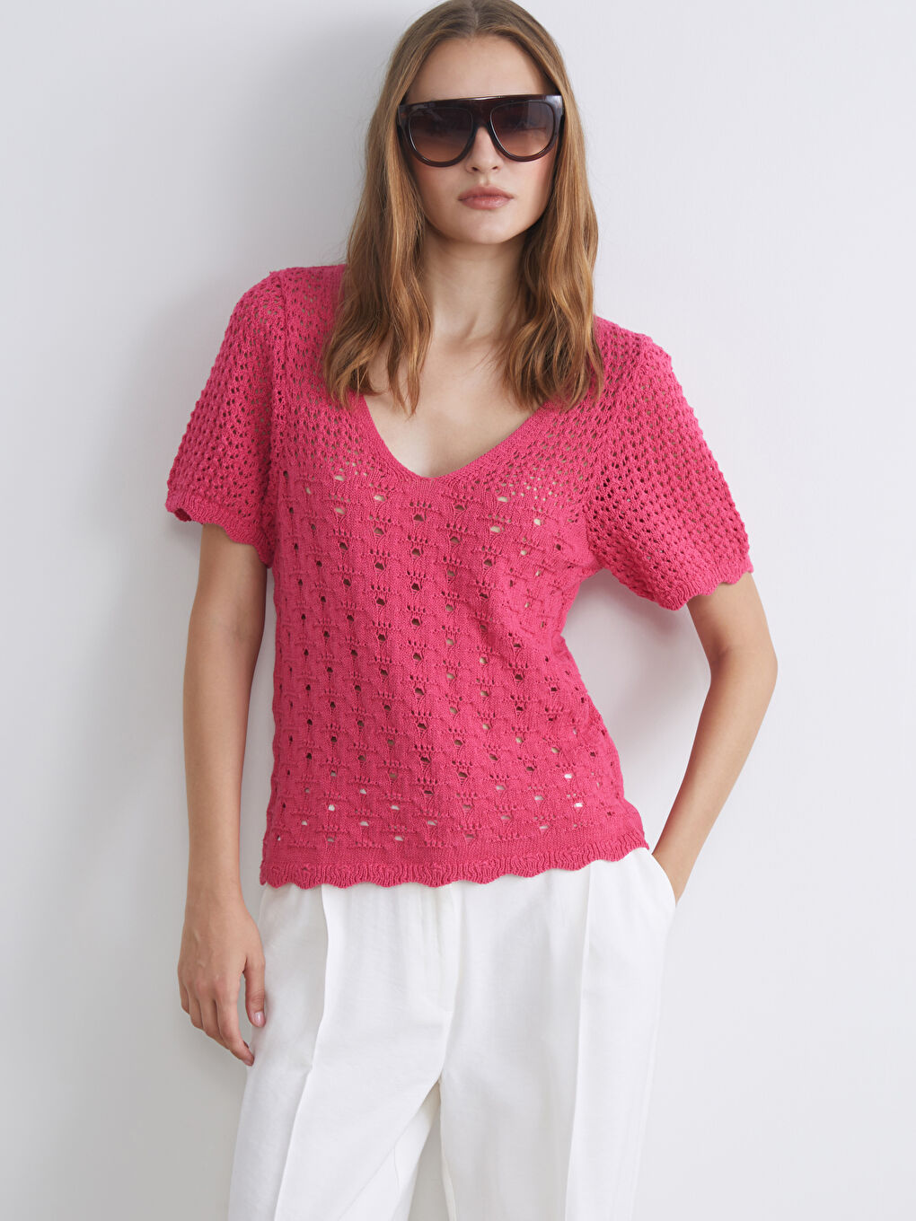 Pembe V Yaka Ajurlu Kadın Triko Kazak