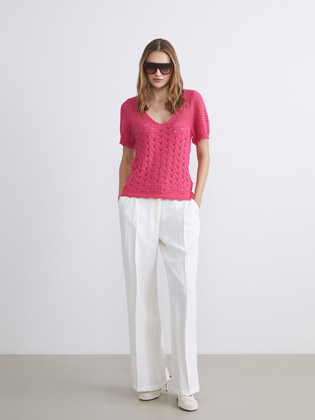 Pembe V Yaka Ajurlu Kadın Triko Kazak-1