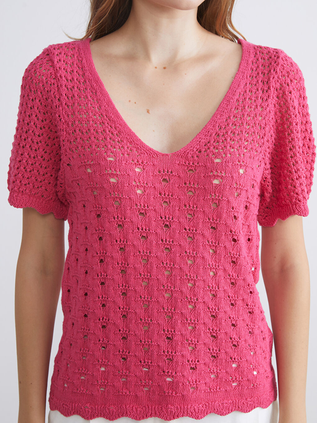 Pembe V Yaka Ajurlu Kadın Triko Kazak-2