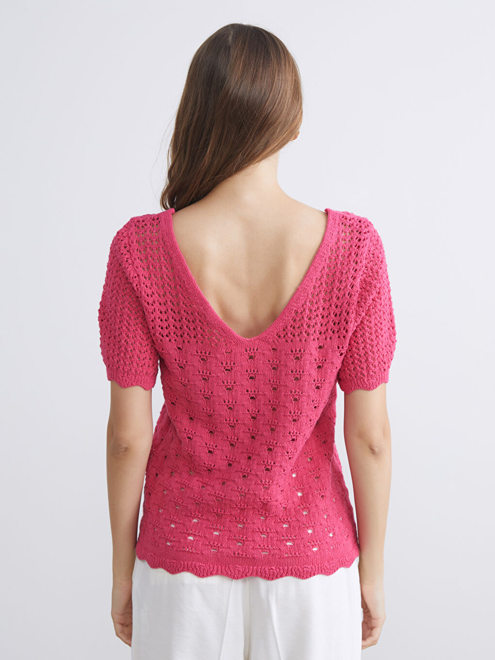 Pembe V Yaka Ajurlu Kadın Triko Kazak-3