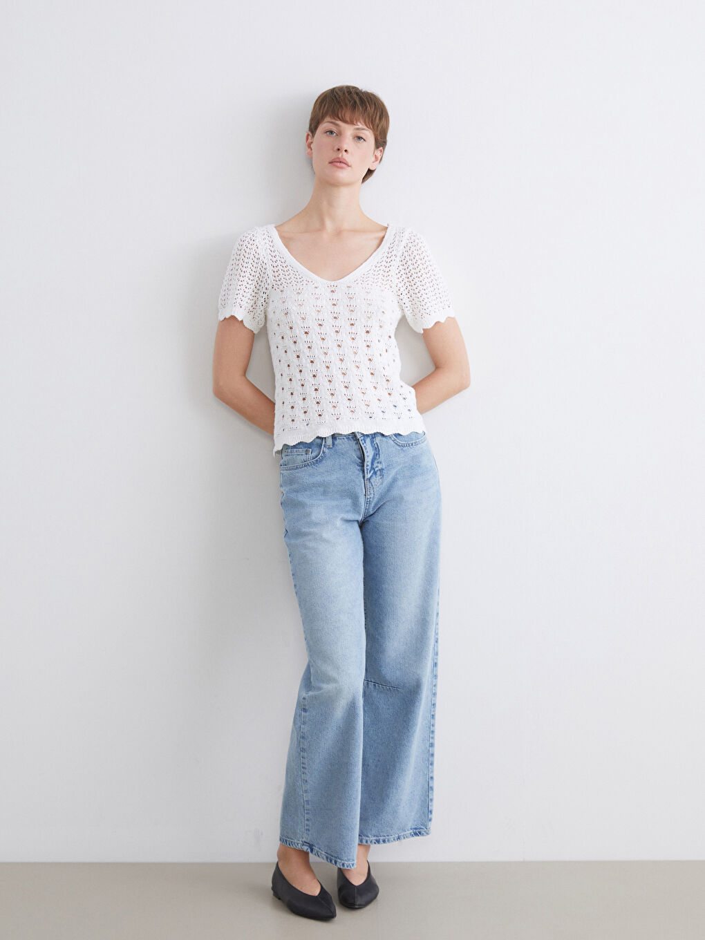 Ekru V Yaka Ajurlu Kadın Triko Kazak-1