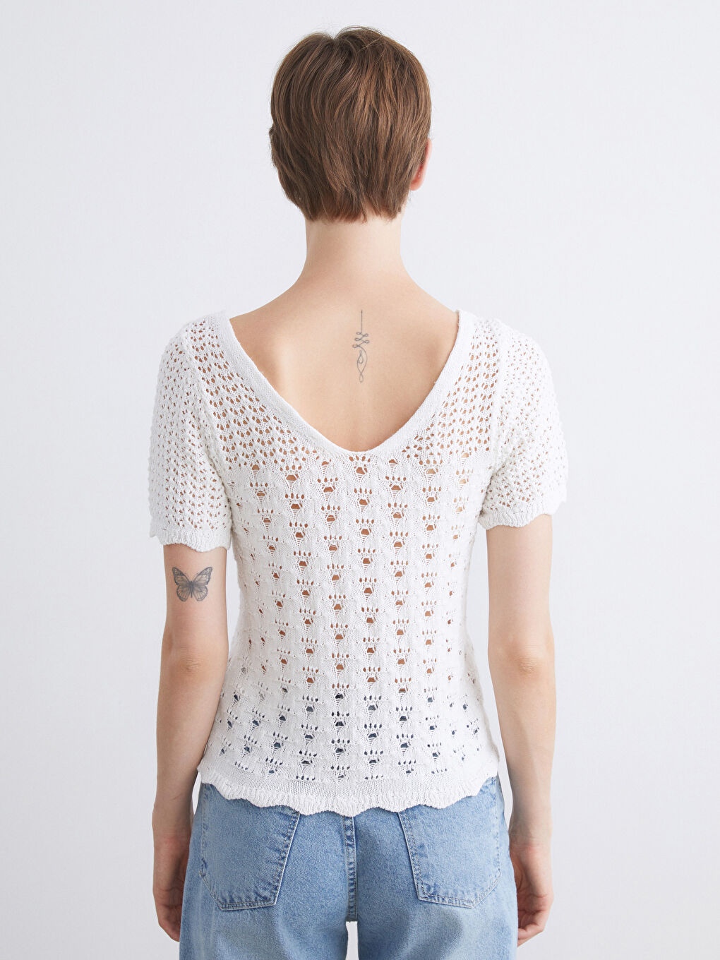 Ekru V Yaka Ajurlu Kadın Triko Kazak-3