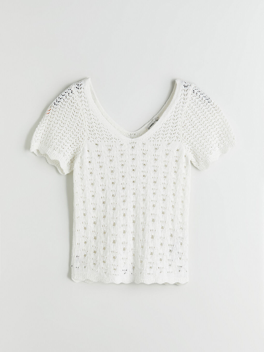 Ekru V Yaka Ajurlu Kadın Triko Kazak-4