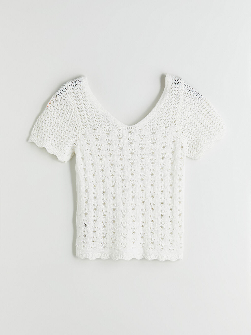 Ekru V Yaka Ajurlu Kadın Triko Kazak-5