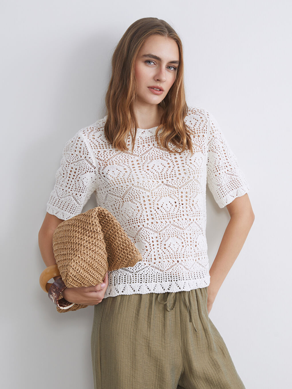 Ekru Bisiklet Yaka Ajurlu Kadın Triko Kazak