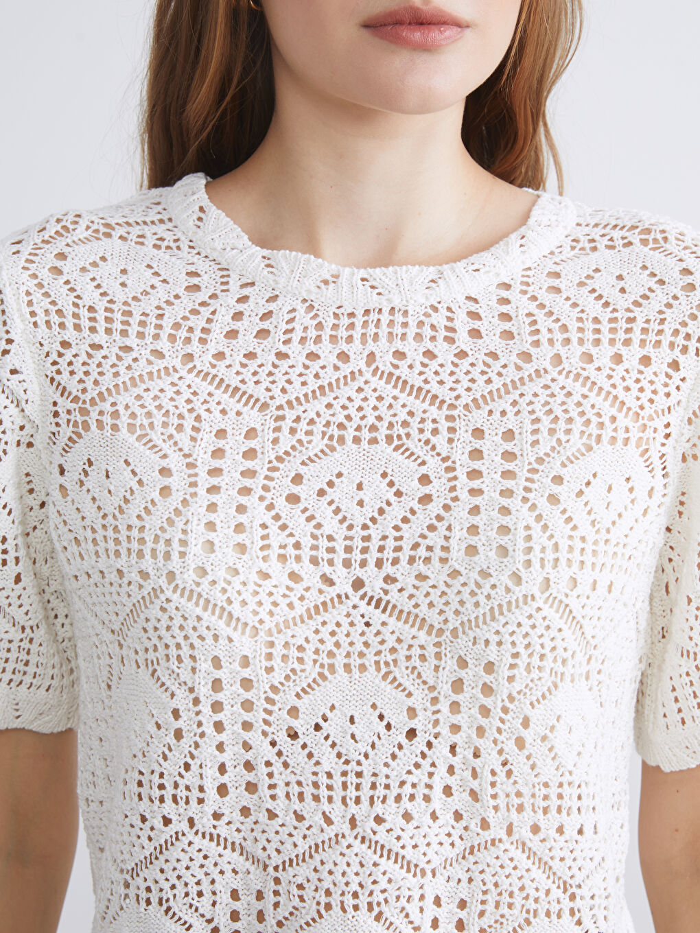 Ekru Bisiklet Yaka Ajurlu Kadın Triko Kazak-2