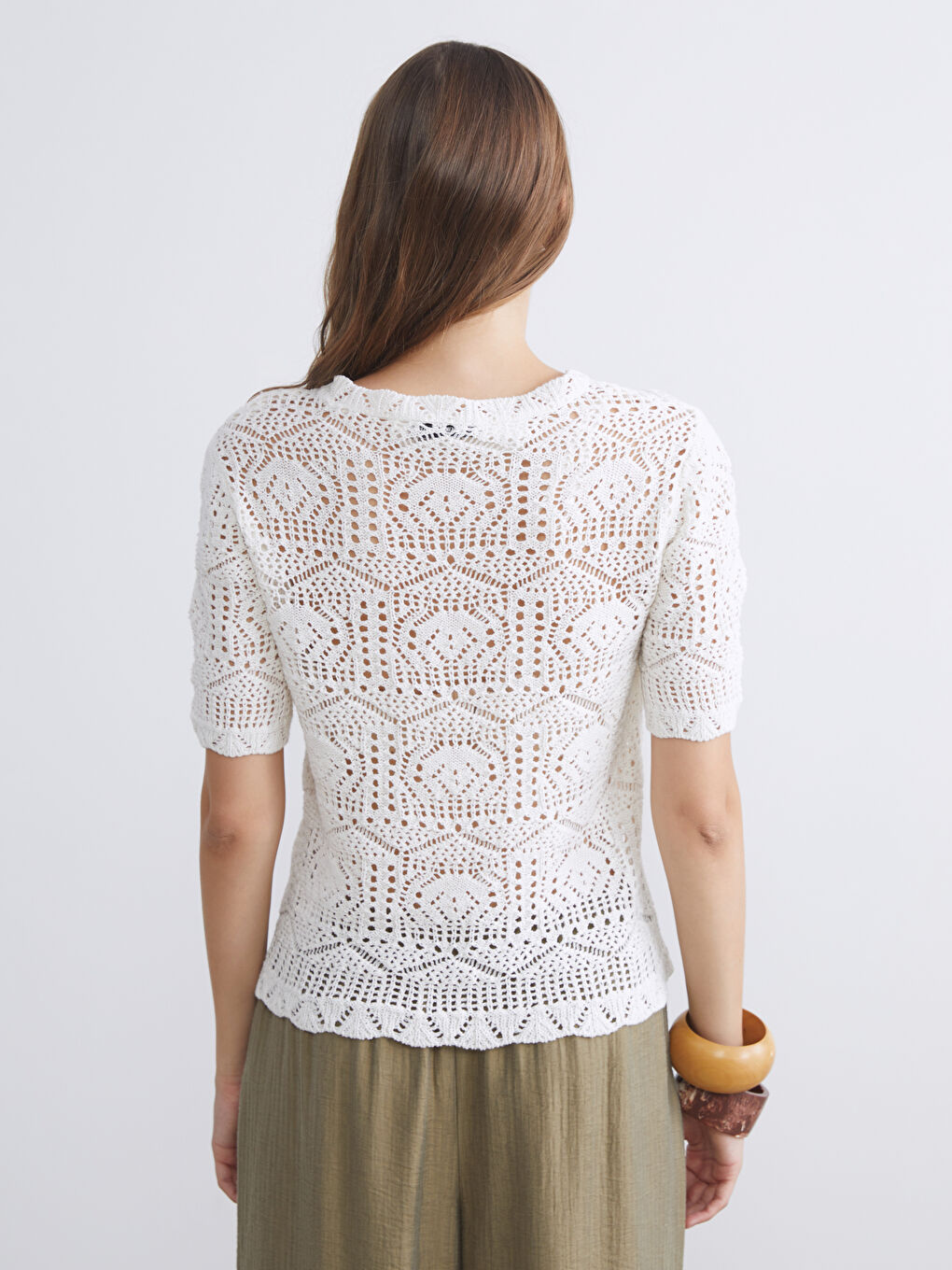 Ekru Bisiklet Yaka Ajurlu Kadın Triko Kazak-3