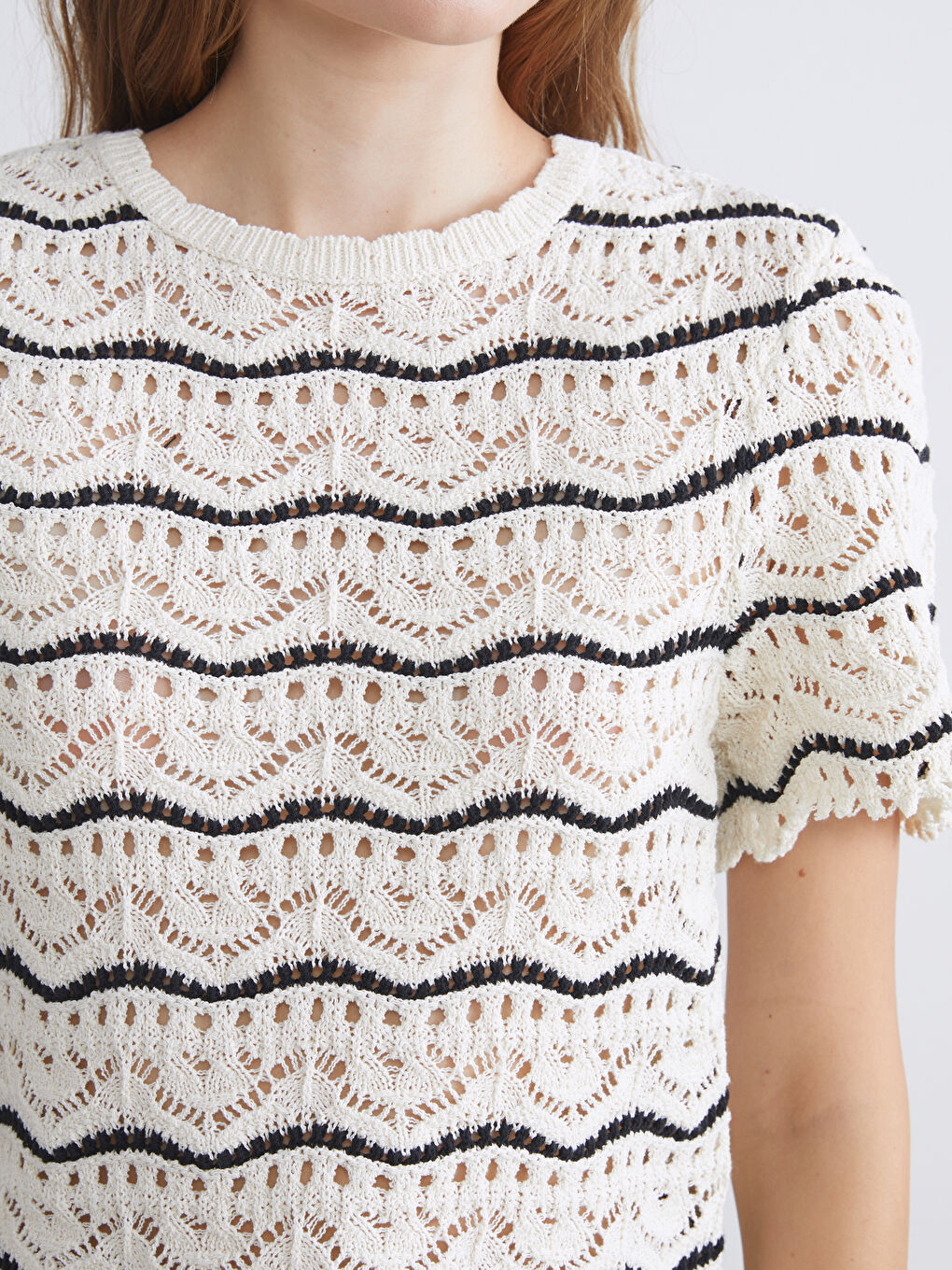 Ekru Bisiklet Yaka Ajurlu Kadın Triko Kazak-2