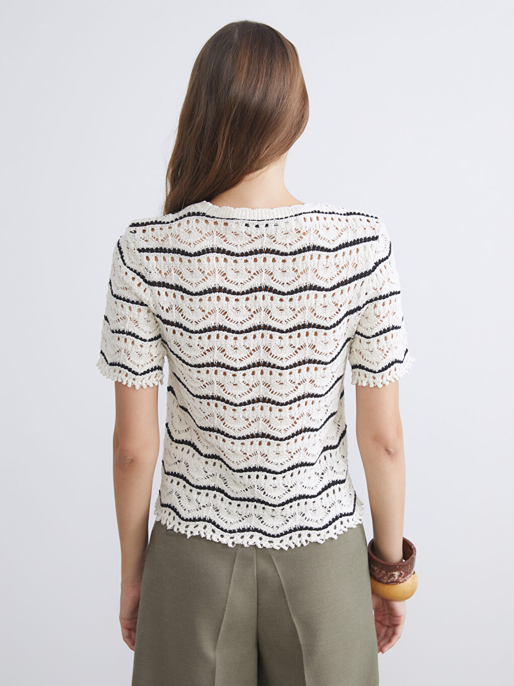 Ekru Bisiklet Yaka Ajurlu Kadın Triko Kazak-3
