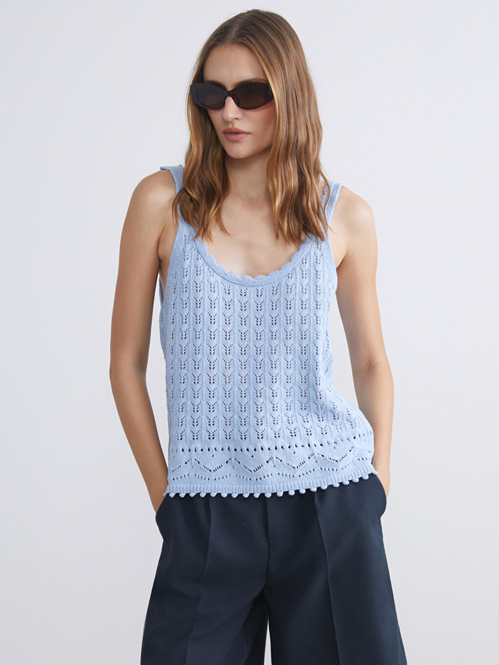 Mavi U Yaka Ajurlu Kadın Triko Atlet