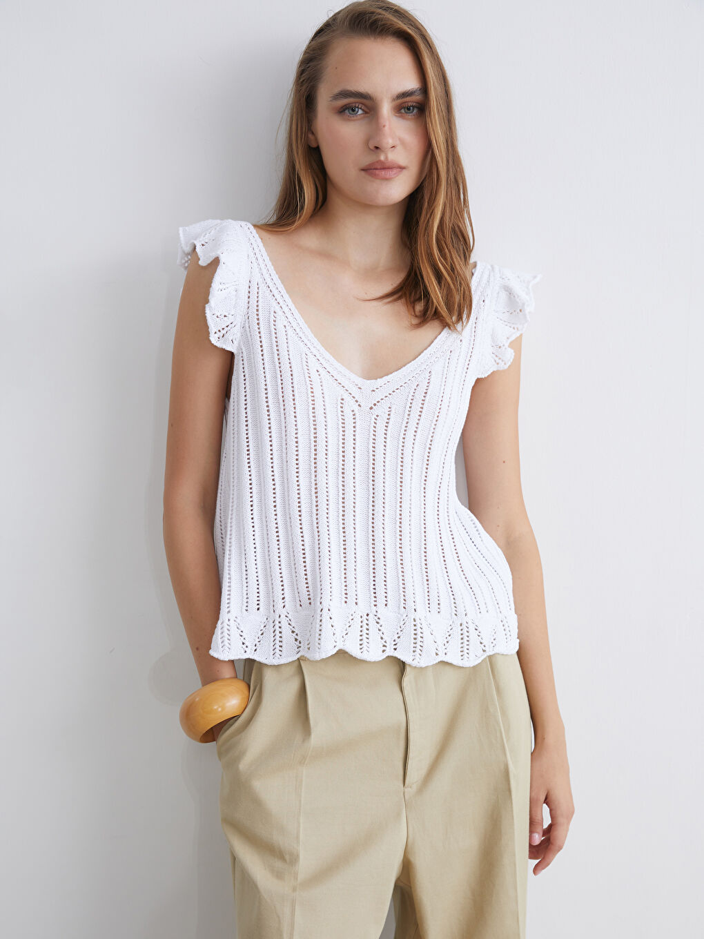 Ekru V Yaka Ajurlu Triko Bluz-1