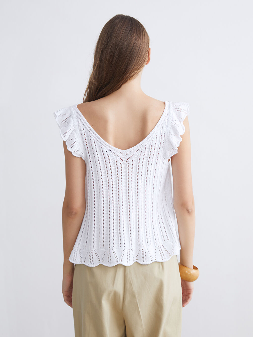 Ekru V Yaka Ajurlu Triko Bluz-3