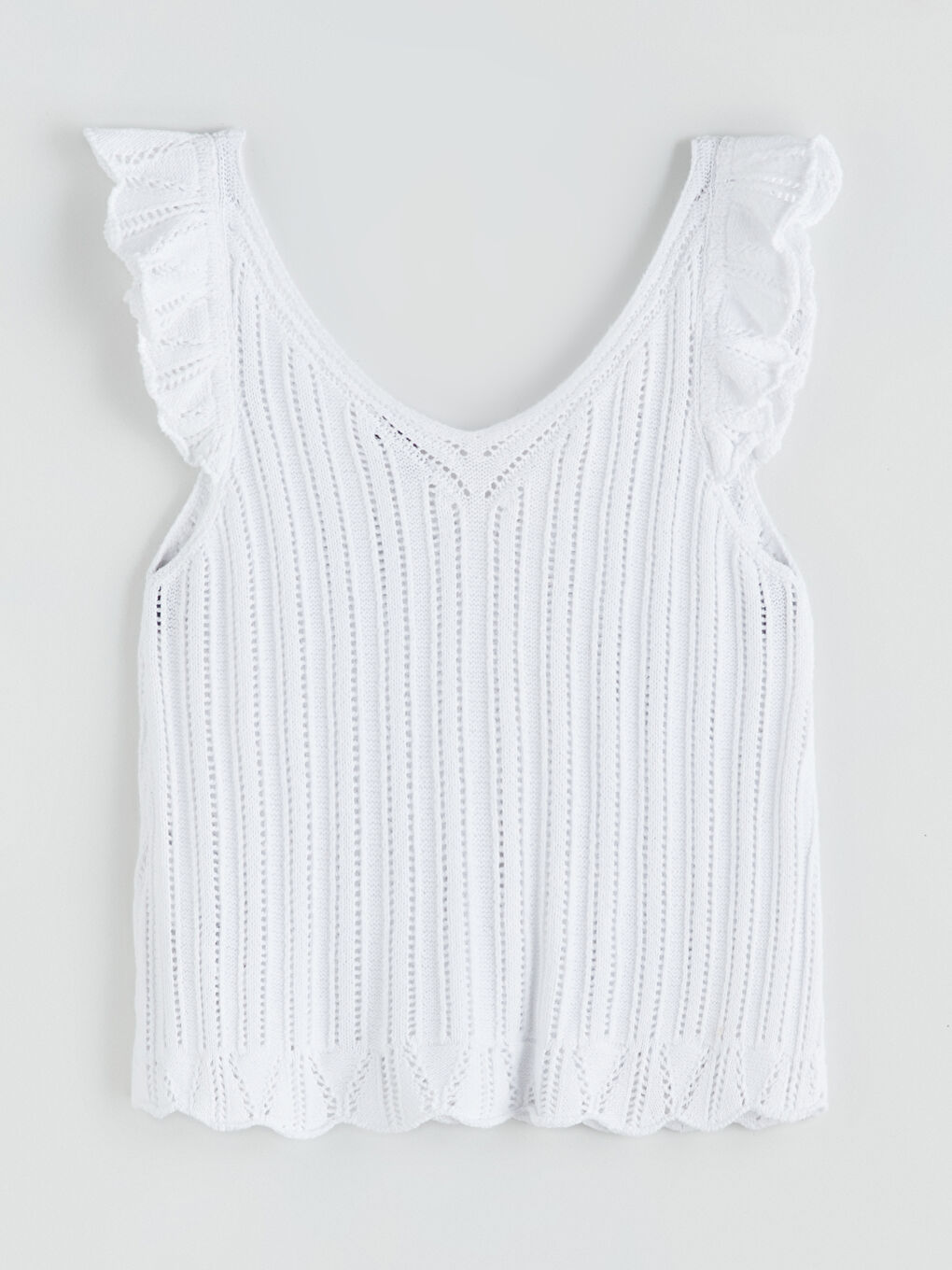 Ekru V Yaka Ajurlu Triko Bluz-5