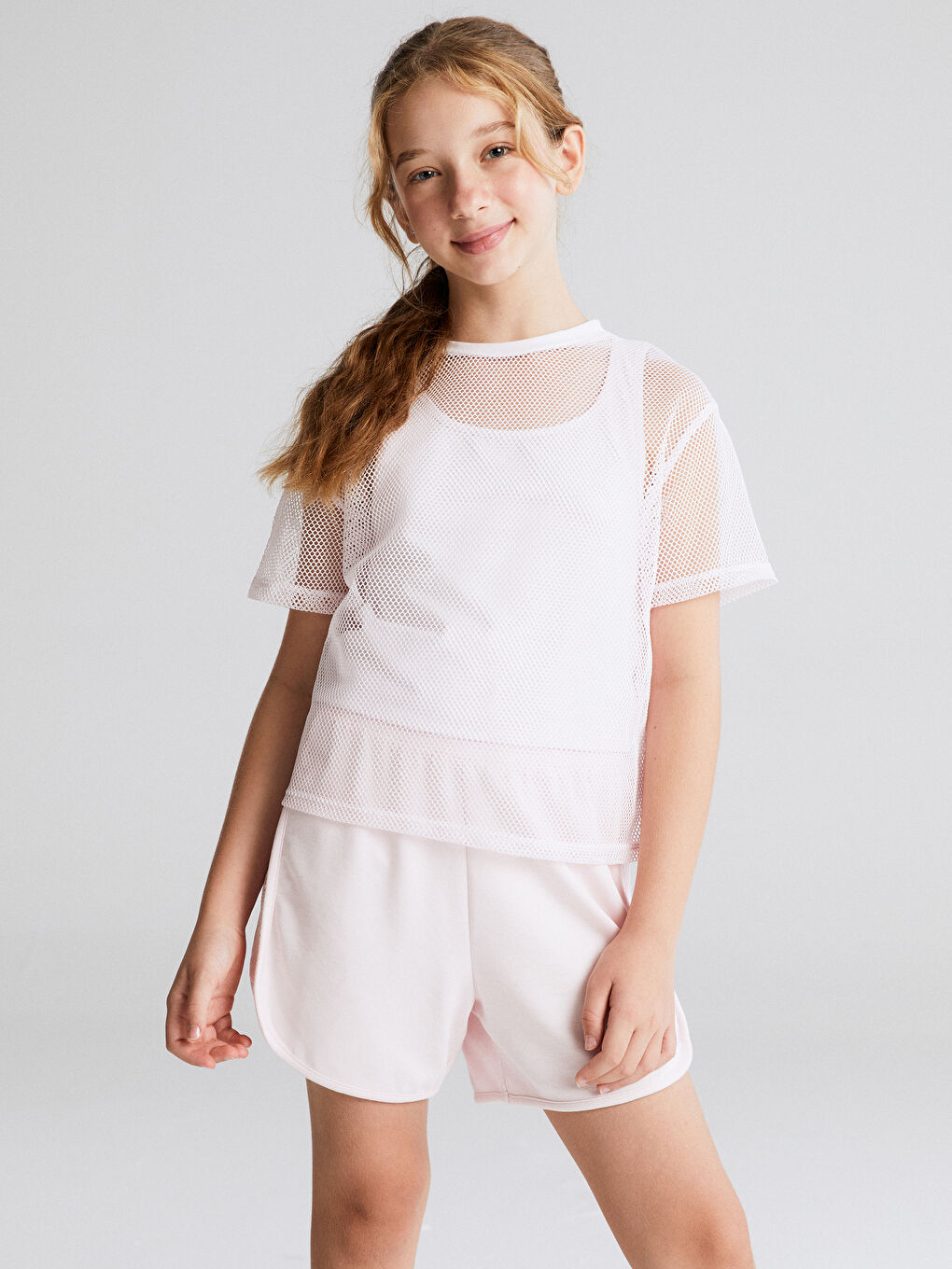 Pembe Bisiklet Yaka Kız Çocuk File Tişört ve Atlet