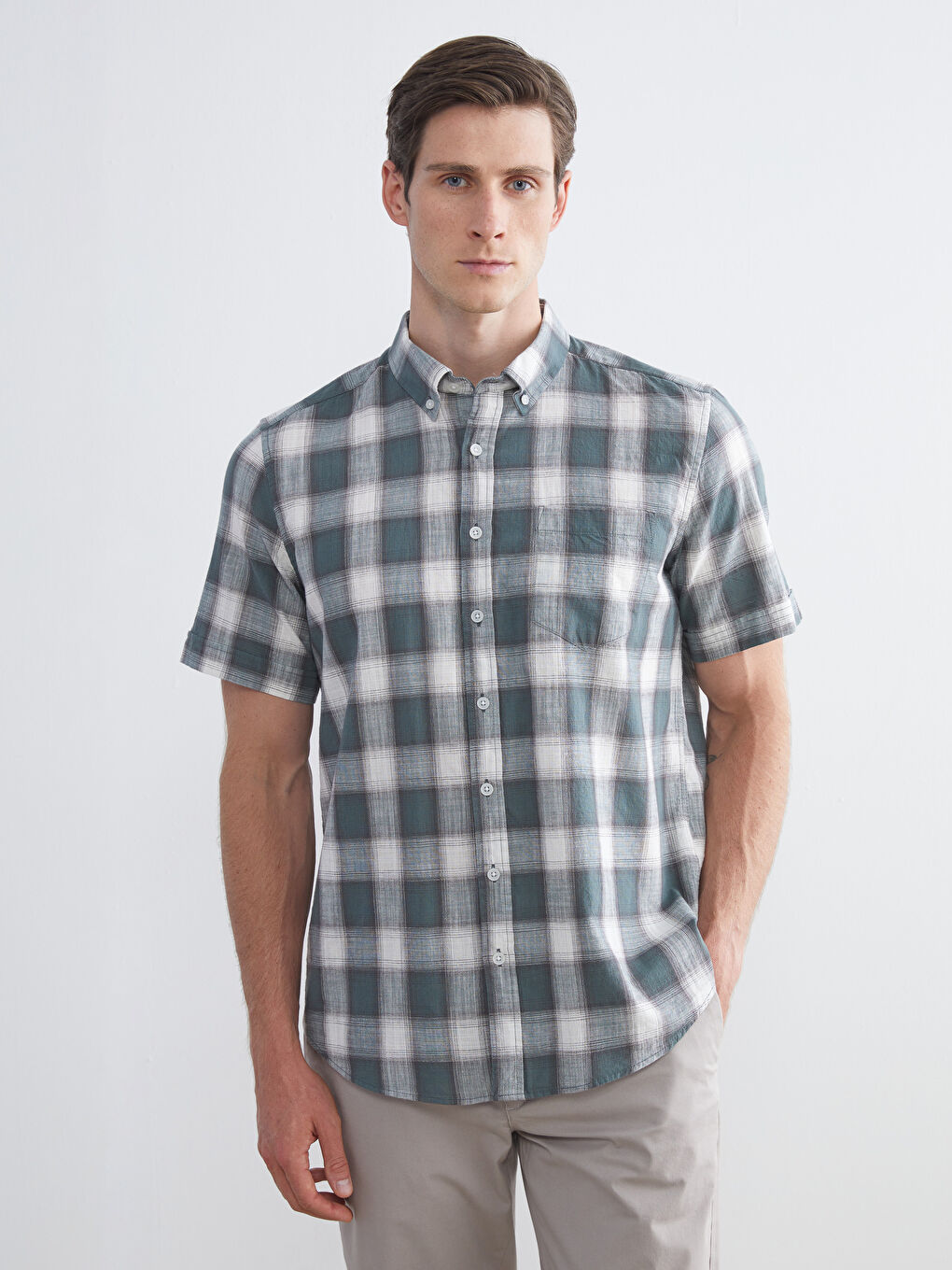 Regular Fit Short Sleeve Plaid Poplin Men's Shirt