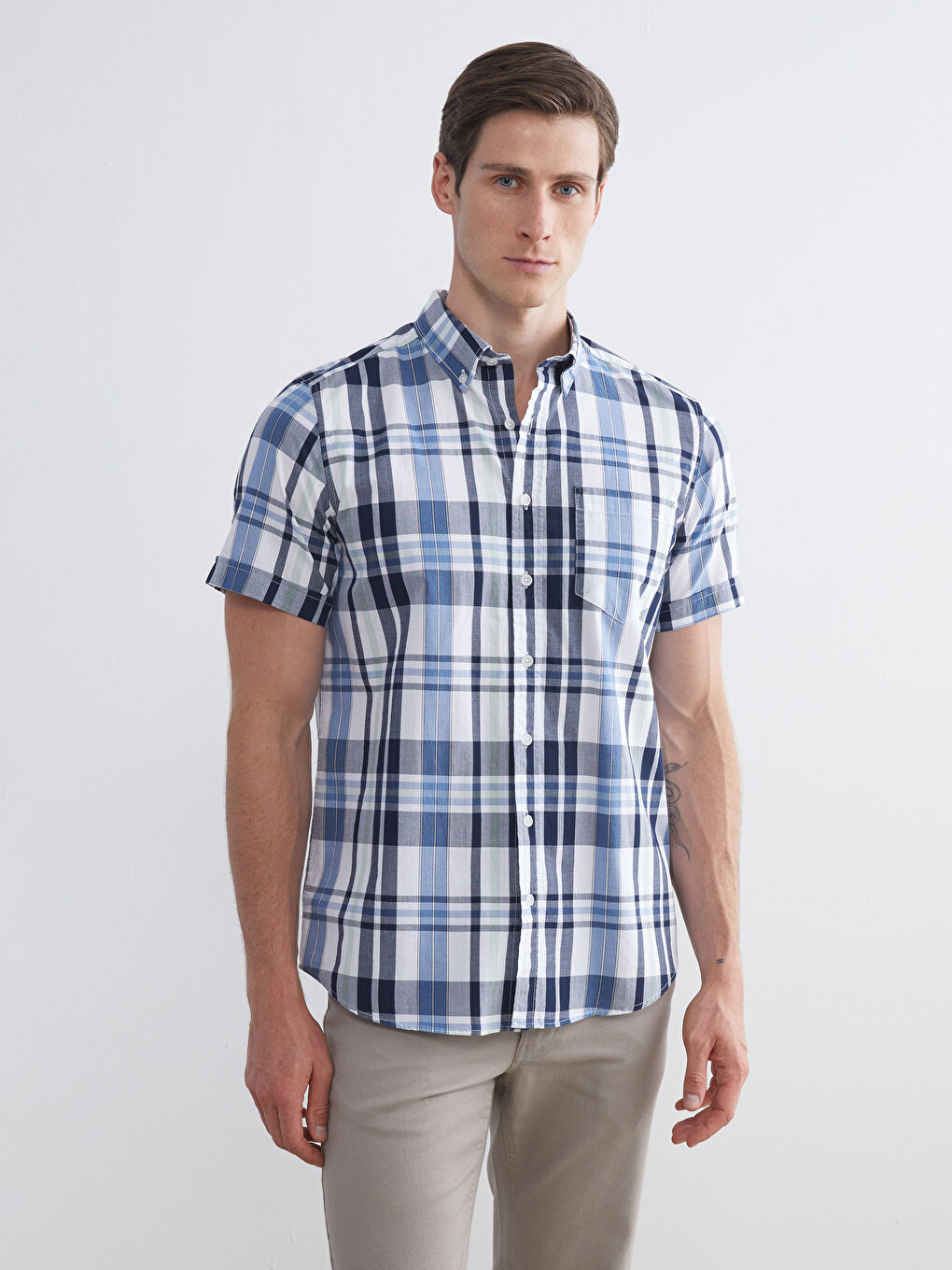 İndigo Regular Fit Kısa Kollu Ekose Poplin Erkek Gömlek