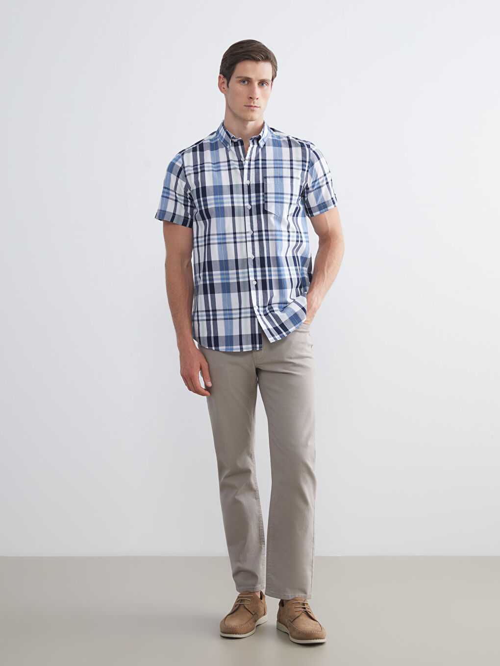 İndigo Regular Fit Kısa Kollu Ekose Poplin Erkek Gömlek-1