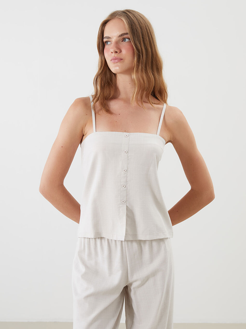 Bej Kare Yaka Poplin Kadın Pijama Takımı-3