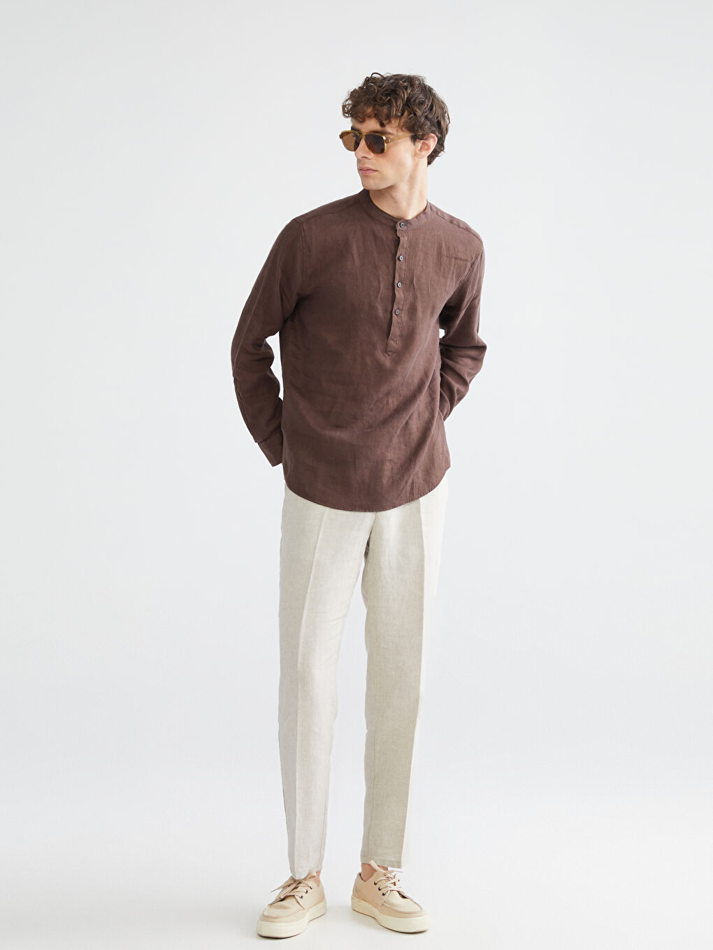 Bej Standart Kalıp %100 Keten Erkek Pantolon