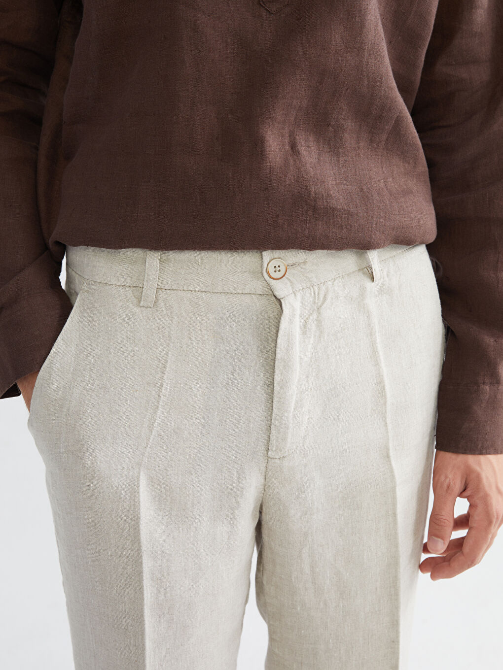 Bej Standart Kalıp %100 Keten Erkek Pantolon-2