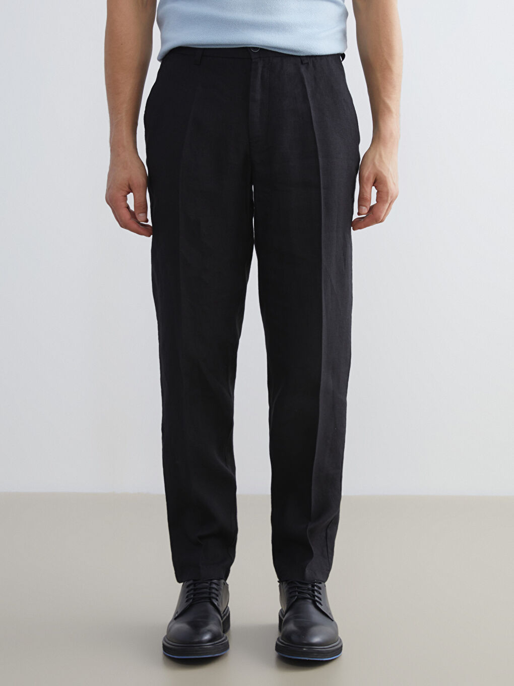 Siyah Standart Kalıp %100 Keten Erkek Pantolon-1