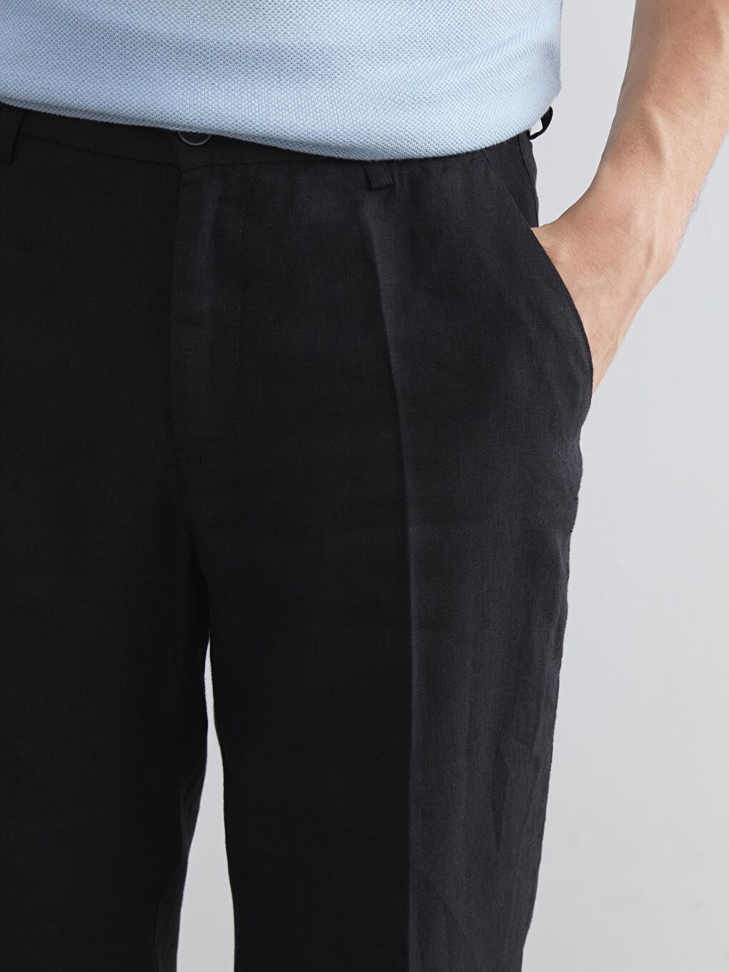 Siyah Standart Kalıp %100 Keten Erkek Pantolon-2