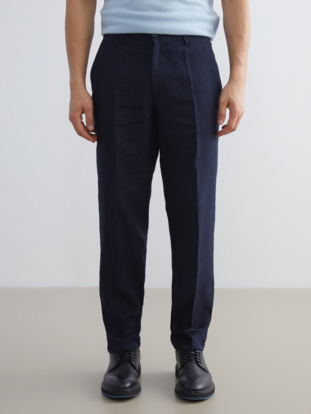 Lacivert Standart Kalıp %100 Keten Erkek Pantolon-1